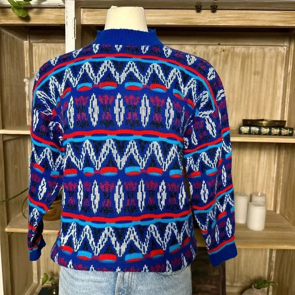 Vintage 1980s Bright Blue Geometric Knit Sweater Abstract Grunge Style Pullover - Picture 2 of 5